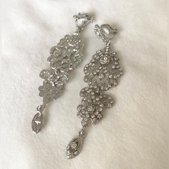 Clip On Chandelier clear crystal drop vintage rhinestone earrings bridal New - Picture 6 of 6